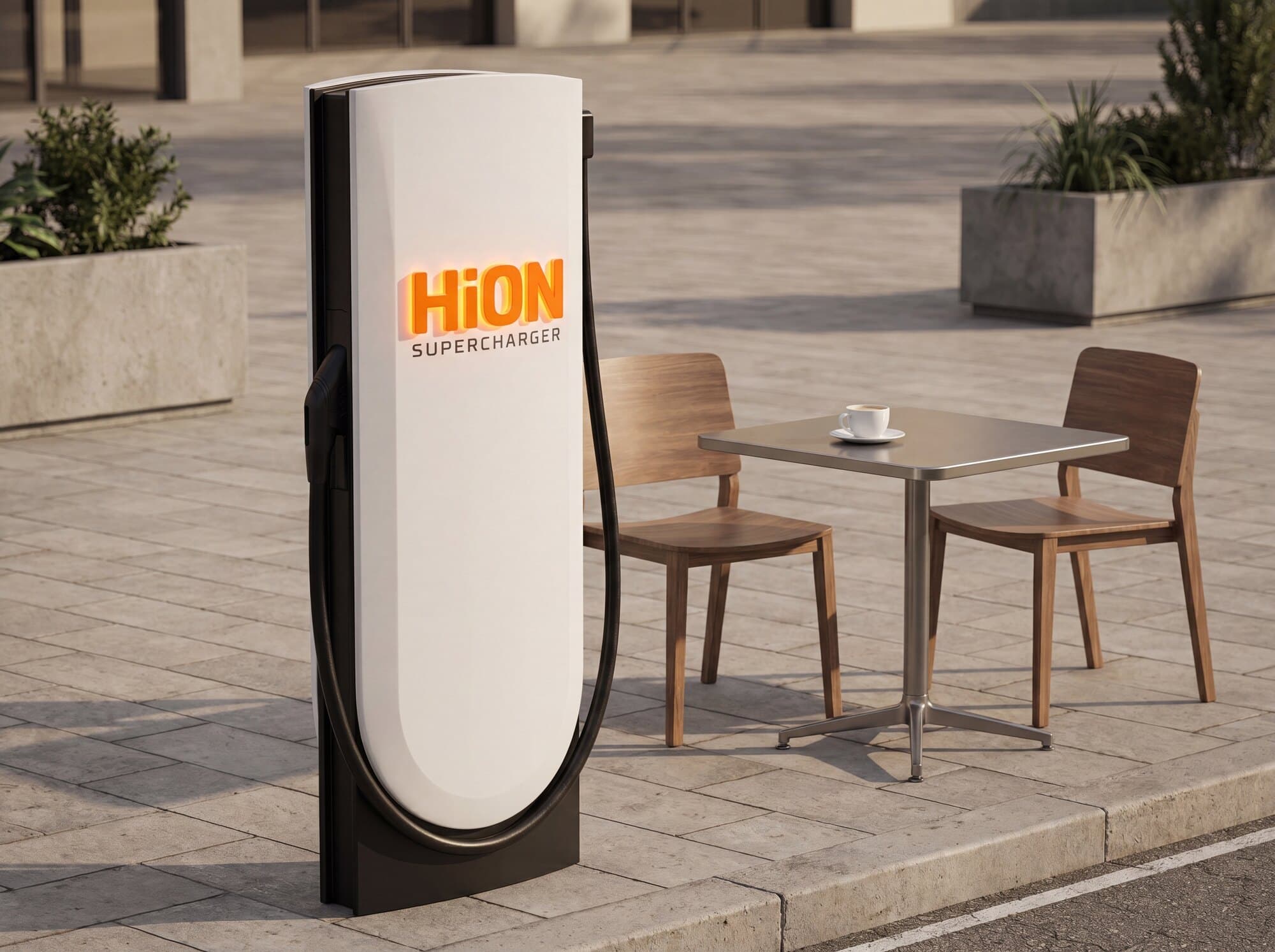 A HiON charging pillar beside a quiet coffee corner, the glowing orange HiON wordmark warm against its matte-white face.