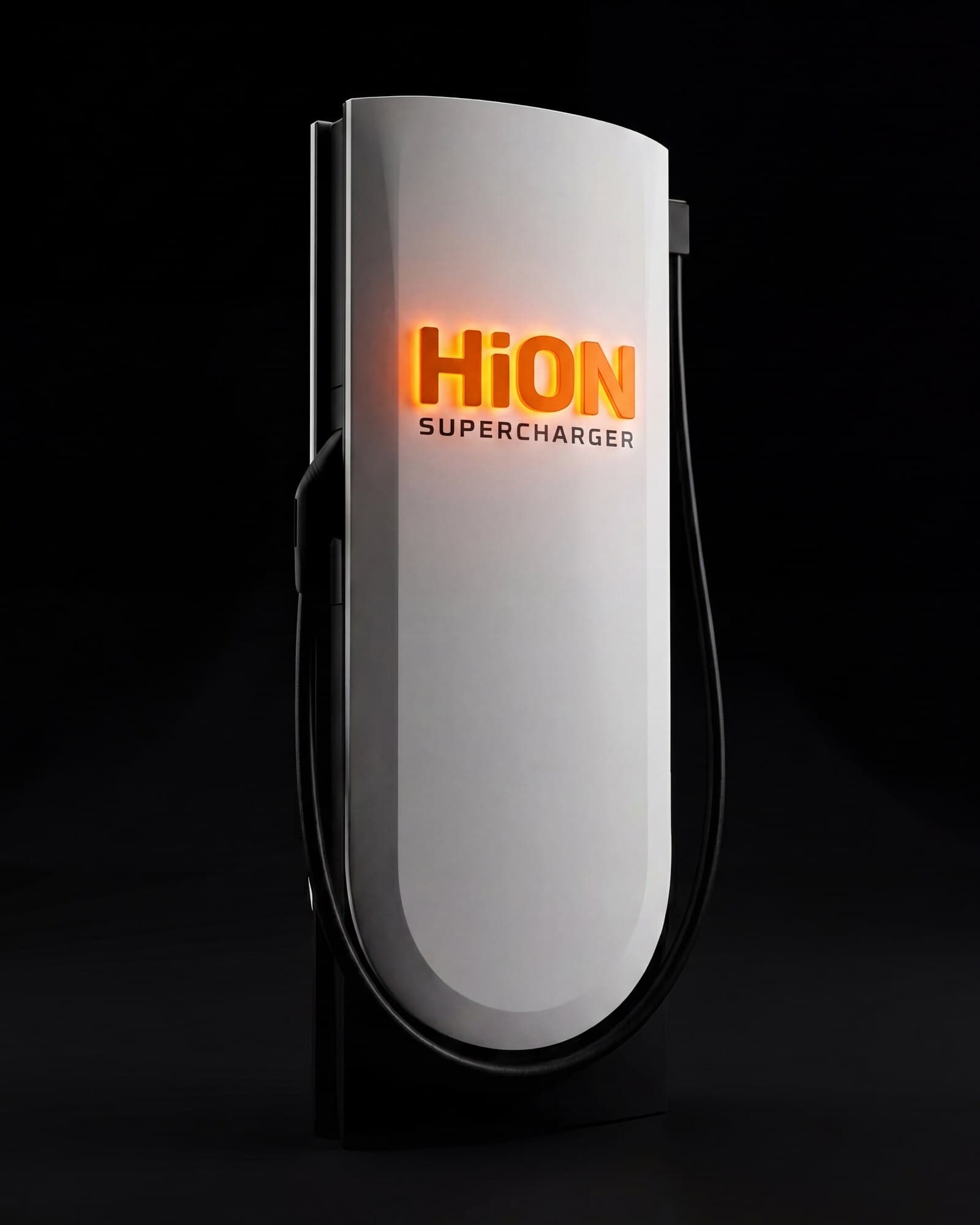 A HiON charging pillar at a three-quarter angle, matte white with the glowing orange HiON wordmark catching the light.